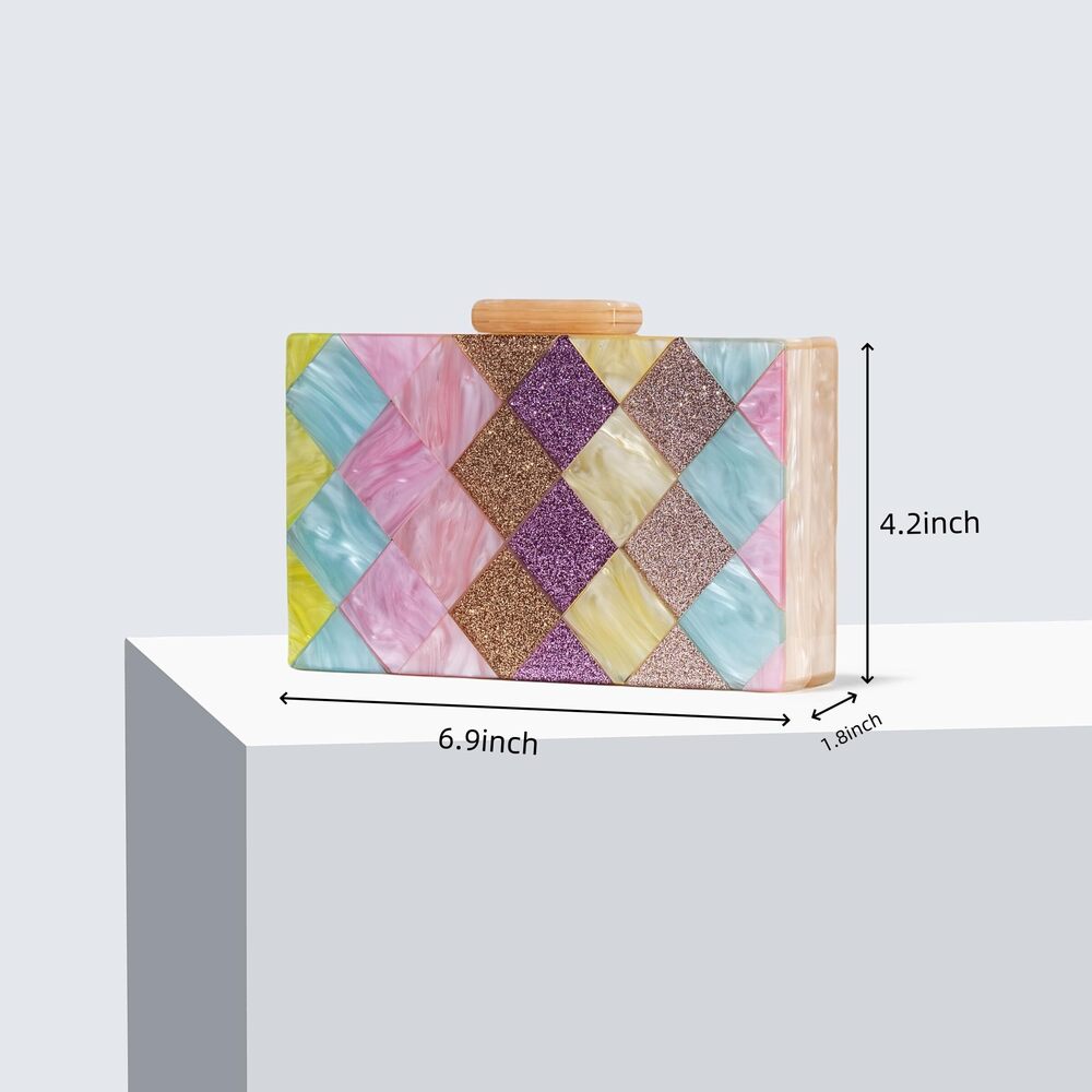 2898 Acrylic Wedding Clutch Marbled Pastoral Plaid Purse Bag Sweet Shoulder - Picture 2 of 7